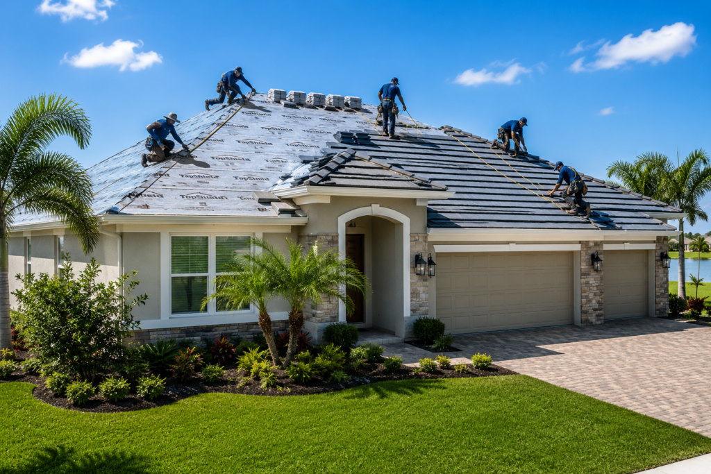 Roofing contractors installing a new shingle roof on a Southwest Florida home during a residential roof replacement project.